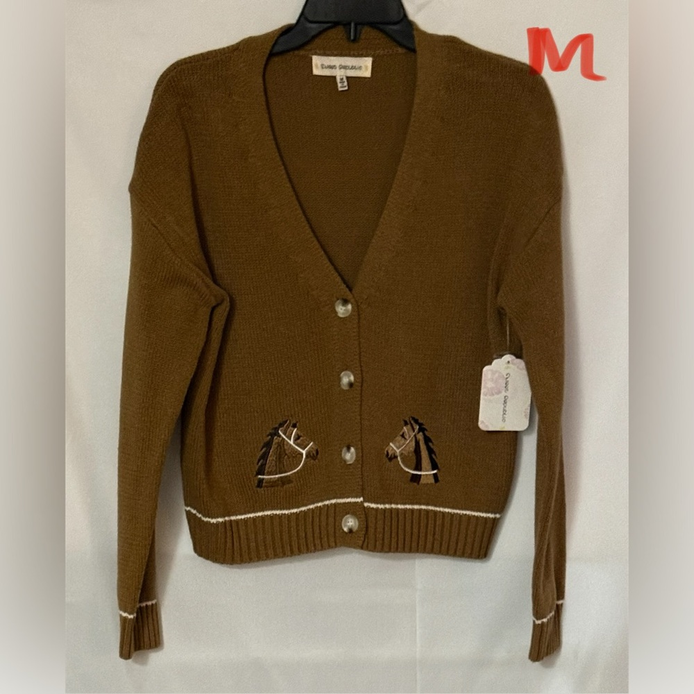 Classic Brown Horse-Embroidered V-Neck Cardigan